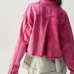 Hot Pink Casual Women's Loose Fit Dropped Shoulder Long Sleeve Washed Jacket
